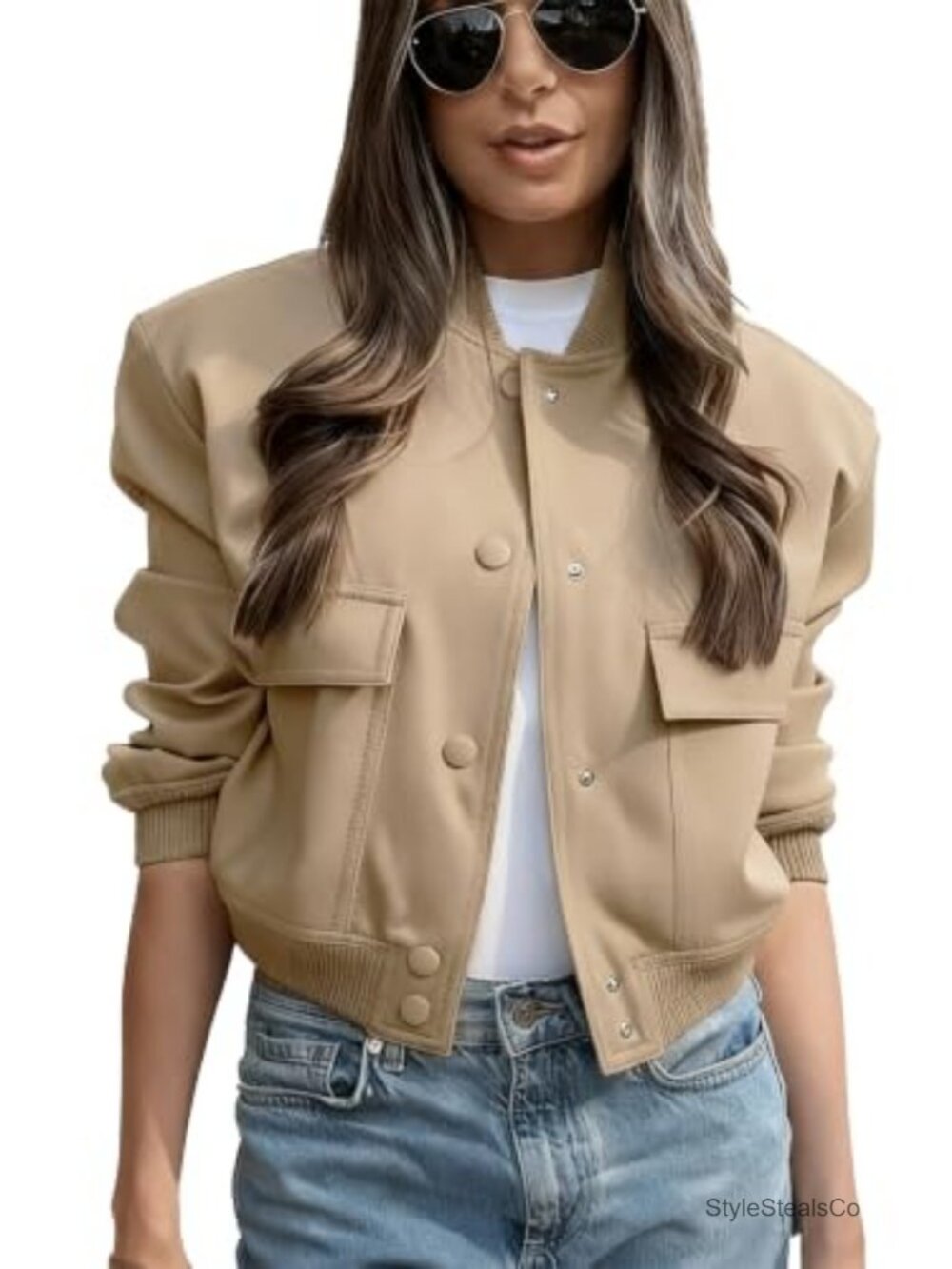 Women's Cropped Varsity Jacket Polyester Button Down Long Sleeve